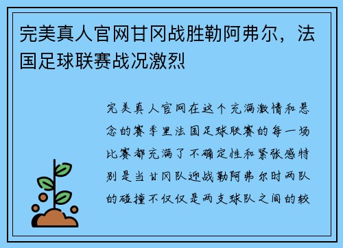 完美真人官网甘冈战胜勒阿弗尔，法国足球联赛战况激烈