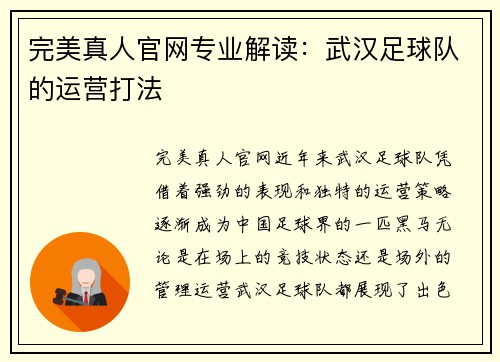 完美真人官网专业解读：武汉足球队的运营打法