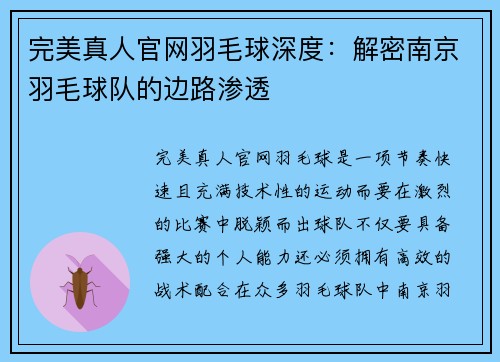 完美真人官网羽毛球深度：解密南京羽毛球队的边路渗透